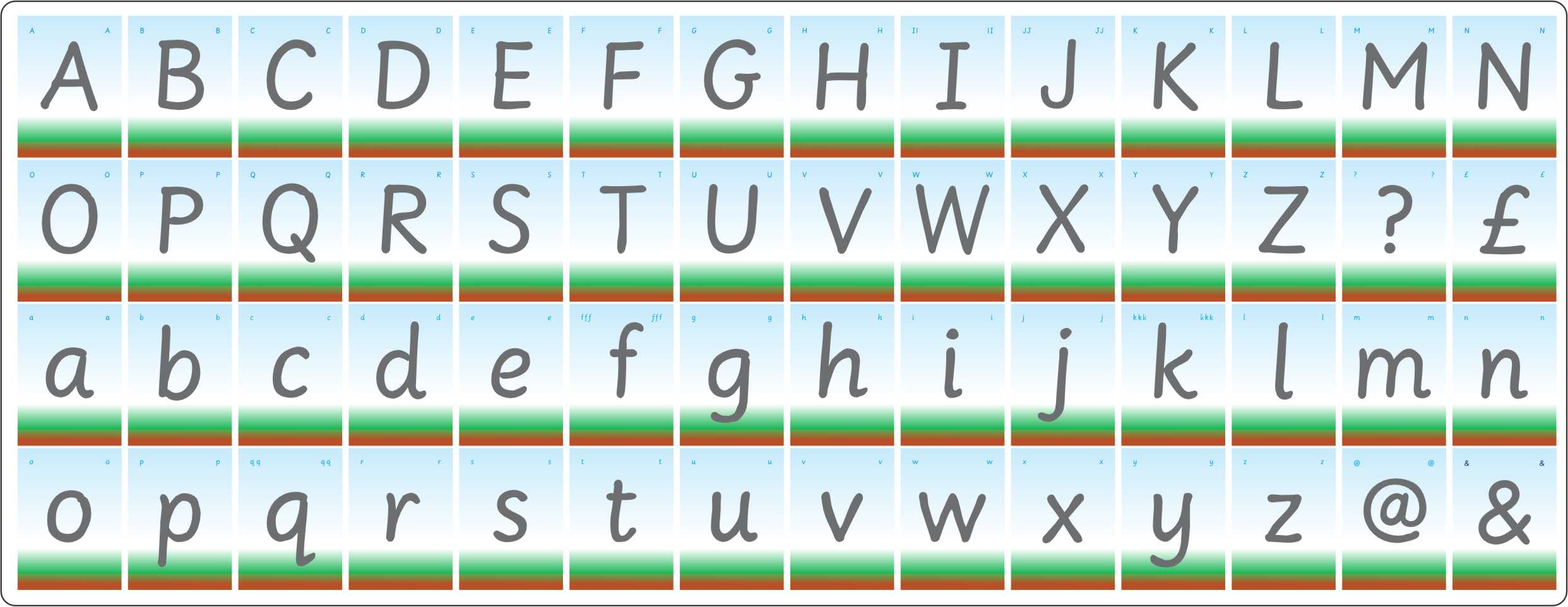 The full upper-case and lower-case alphabet is illustrated in four rows of reduced-size cards.